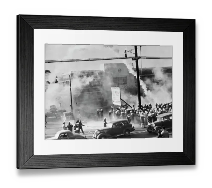 Framed Print : Police with Tear Gas at U.S. Motor Strike Framed Print : Police with Tear Gas at U.S. Motor Strike