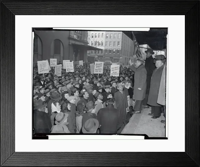 Framed Print : Striking Meat Workers Carrying Signs Listen at Rallie Framed Print : Striking Meat Workers Carrying Signs Listen at Rallie
