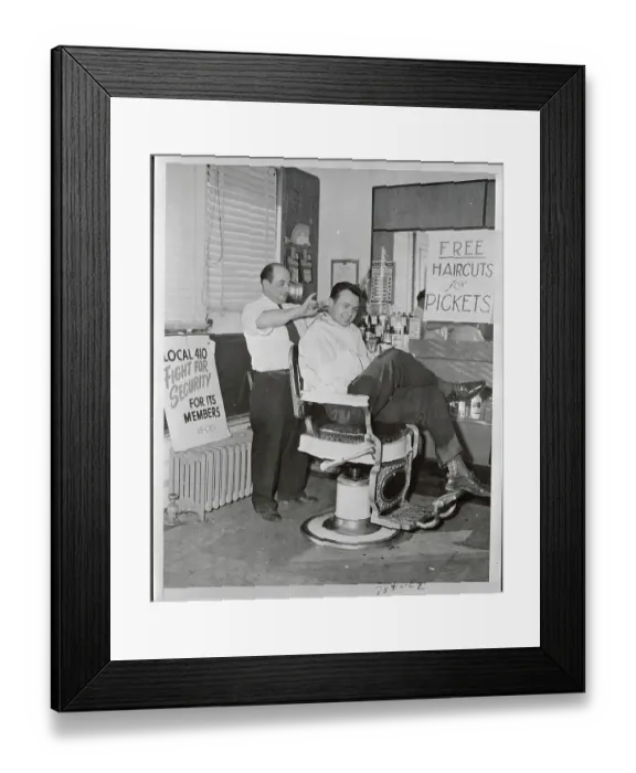 Framed Print : Barber Giving Free Haircut to Striker Framed Print : Barber Giving Free Haircut to Striker