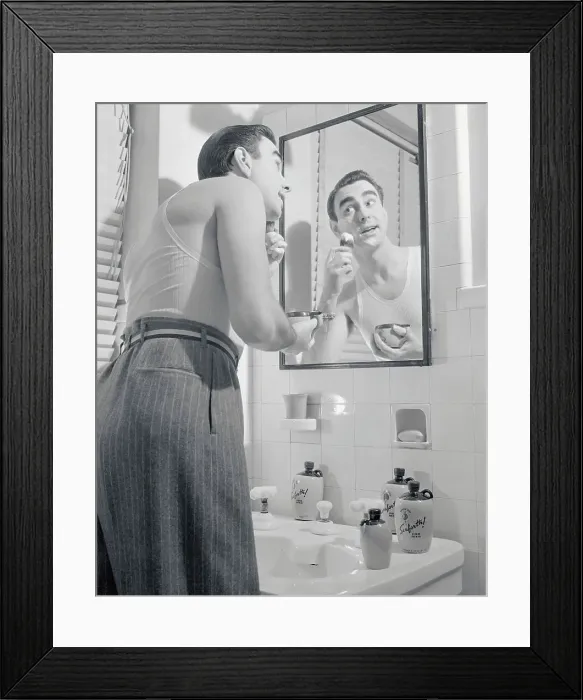 Framed Print : Man Applying Shaving Soap in Mirror Framed Print : Man Applying Shaving Soap in Mirror