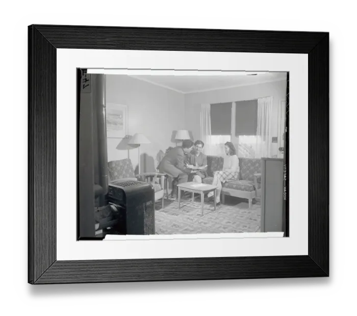 Framed Print : Housing Official with Women Framed Print : Housing Official with Women