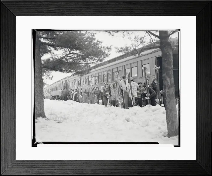 Framed Print : Skiers Arriving at Slopes on Train Framed Print : Skiers Arriving at Slopes on Train