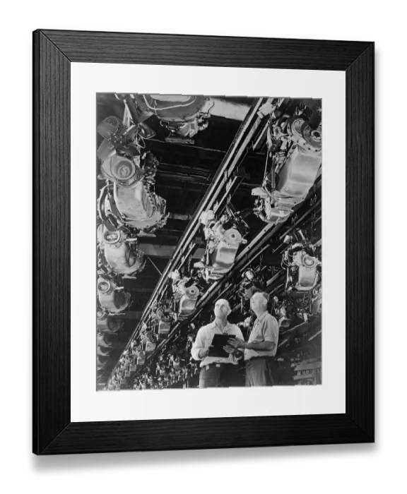 Framed Print : Men Checking Engine Stocks in Auto Plant Framed Print : Men Checking Engine Stocks in Auto Plant