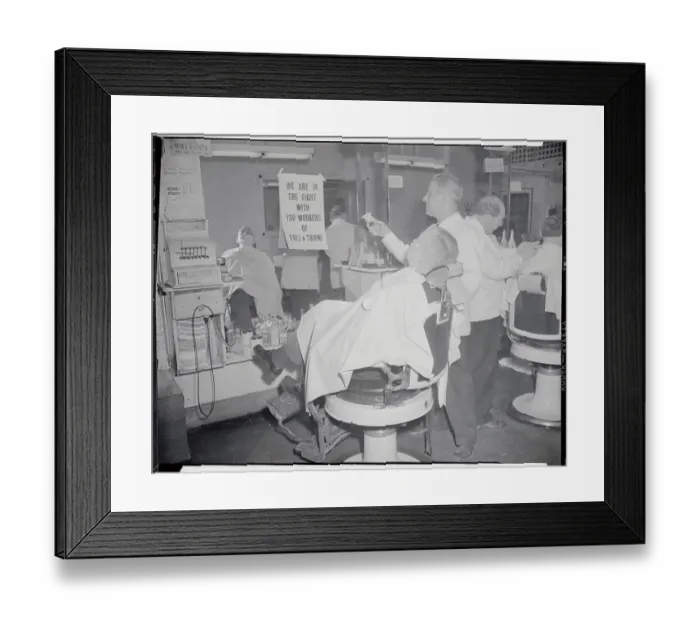 Framed Print : Barber Showing Support for Strikers to Customer Framed Print : Barber Showing Support for Strikers to Customer