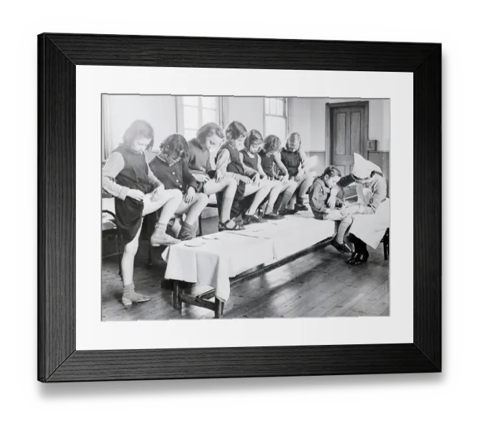 Framed Print : Nurse Inoculating Row of Youngsters Framed Print : Nurse Inoculating Row of Youngsters