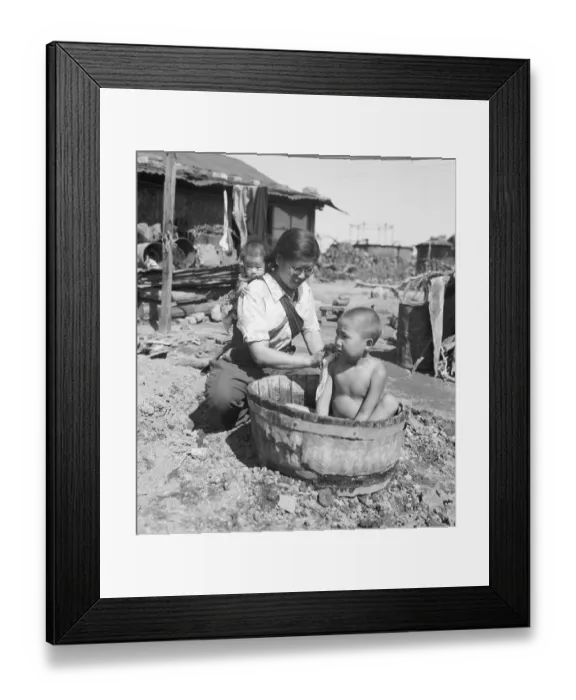 Framed Print : Mother with Child on Back Bathes Other Child Framed Print : Mother with Child on Back Bathes Other Child