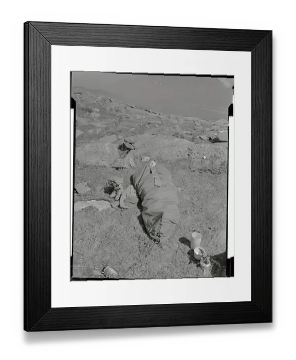 Framed Print : Lieutenant Lying in Closed Sleeping Bag on Ground