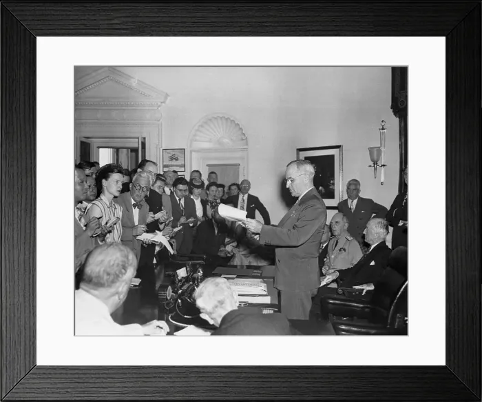 Framed Print : President Harry S. Truman with Officials on Japanese Surrender Framed Print : President Harry S. Truman with Officials on Japanese Surrender