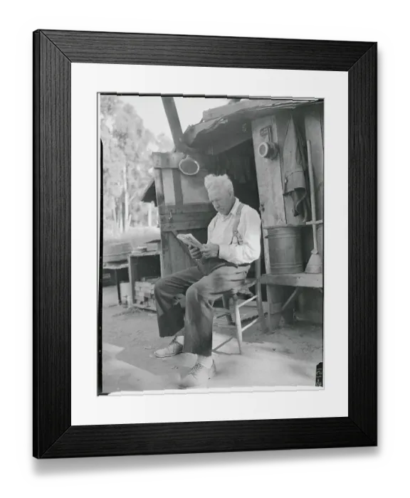 Framed Print : Hobo Reading in His Shanty Framed Print : Hobo Reading in His Shanty