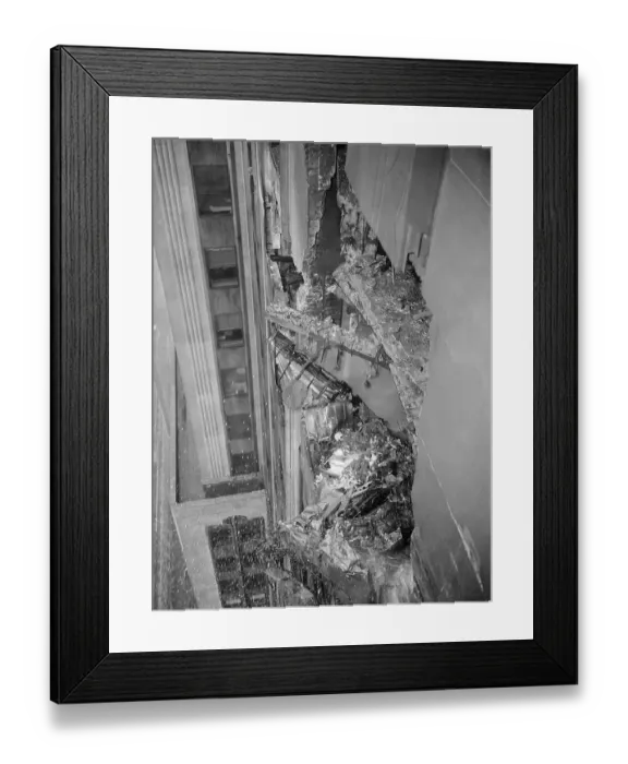 Framed Print : Crashed Bomber Near Building Site Framed Print : Crashed Bomber Near Building Site