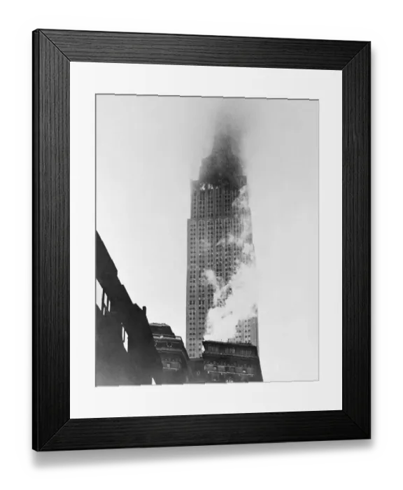 Framed Print : Empire State Building Enveloped in Smoke and Flames Framed Print : Empire State Building Enveloped in Smoke and Flames
