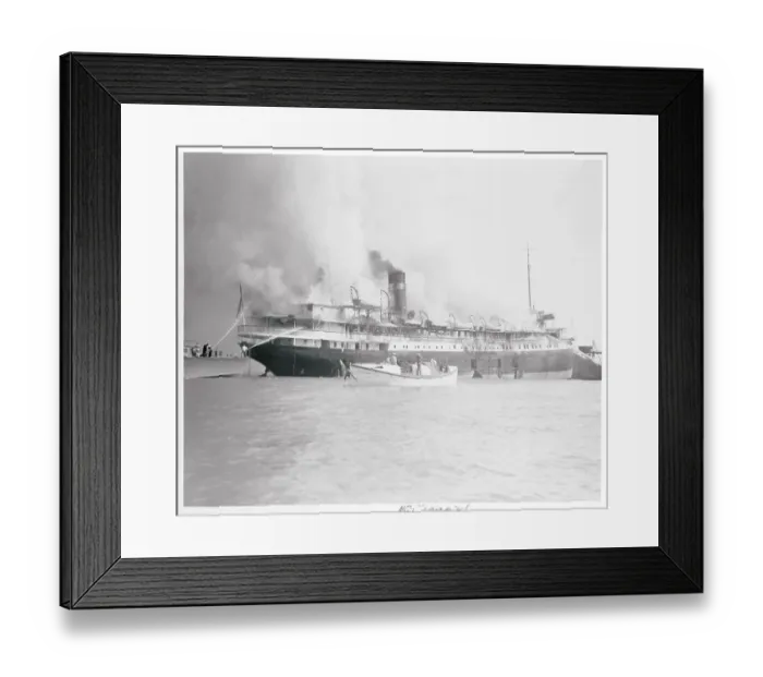 Framed Print : Flames Engulfing the SS Hamonic Framed Print : Flames Engulfing the SS Hamonic