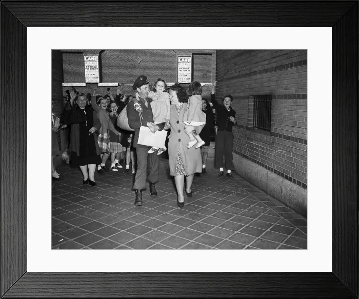Framed Print : Returning Soldier Cheered By Neighbors