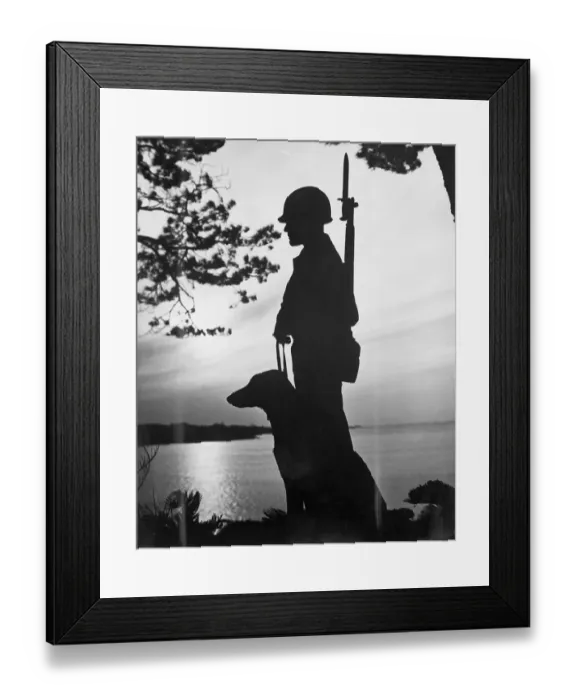 Framed Print : Lucien J. Vanasse and Dog Standing Guard Framed Print : Lucien J. Vanasse and Dog Standing Guard