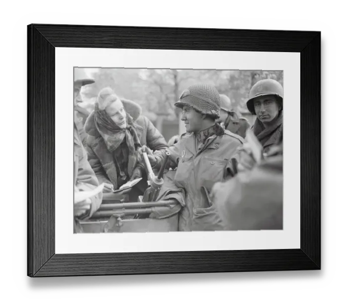 Framed Print : Iris Carpenter Interviewing American Troop in the Field Framed Print : Iris Carpenter Interviewing American Troop in the Field