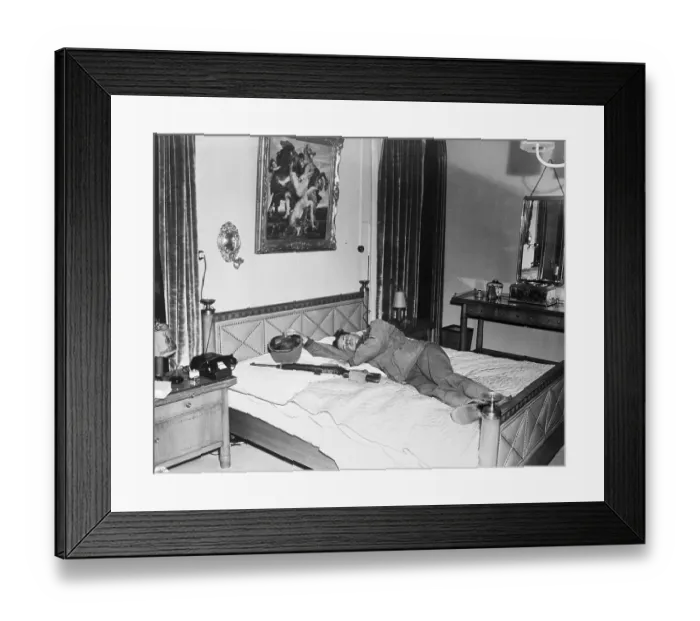 Framed Print : Exhausted American GI Sleeping on Goering's Bed Framed Print : Exhausted American GI Sleeping on Goering's Bed