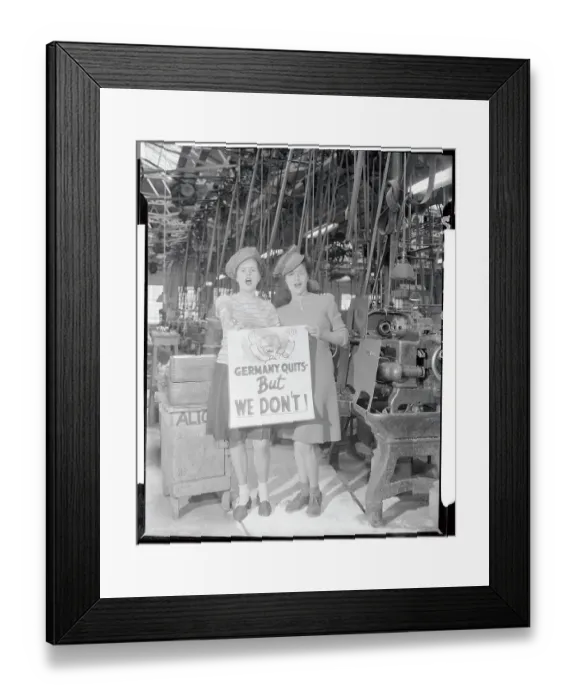 Framed Print : Workers Holding Sign in Plant
