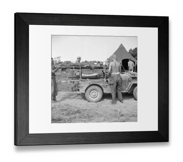 Framed Print : Wounded Soldiers Strapped to Litters on Jeep Framed Print : Wounded Soldiers Strapped to Litters on Jeep