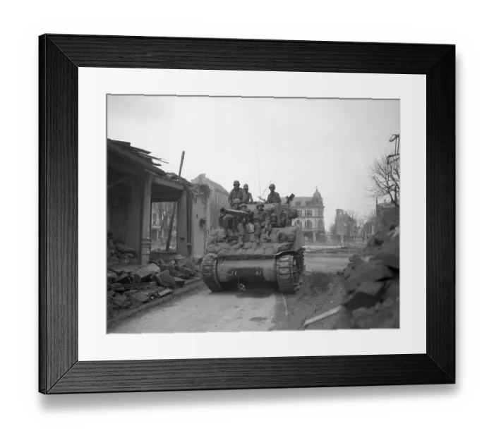 Framed Print : US Infantry Ride Sherman M4 Tank into Coblenz Framed Print : US Infantry Ride Sherman M4 Tank into Coblenz