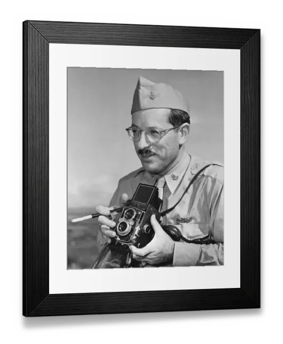 Framed Print : Photographer Joe Rosenthal in Uniform Holding Camera Framed Print : Photographer Joe Rosenthal in Uniform Holding Camera