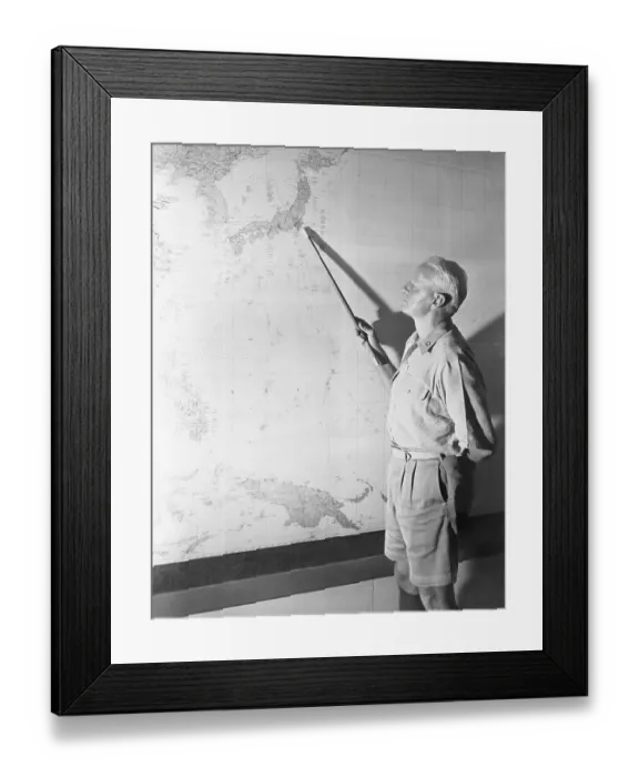 Framed Print : Chester W. Nimitz Points to Tokyo on Map Framed Print : Chester W. Nimitz Points to Tokyo on Map
