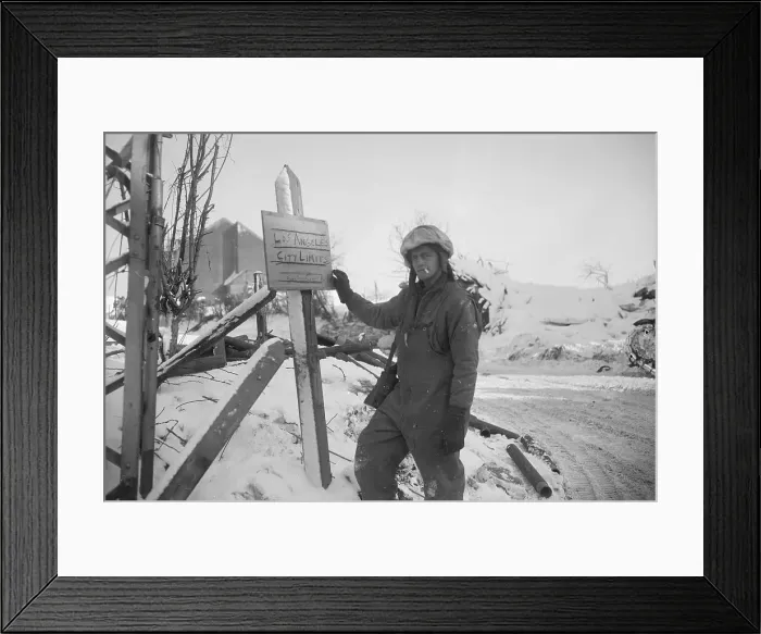 Framed Print : American Soldier Writing on Sign in Belgium Framed Print : American Soldier Writing on Sign in Belgium