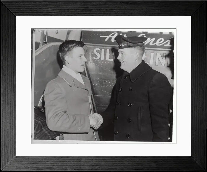 Framed Print : Coastguardman Shaking Hands with Boy Scout Framed Print : Coastguardman Shaking Hands with Boy Scout