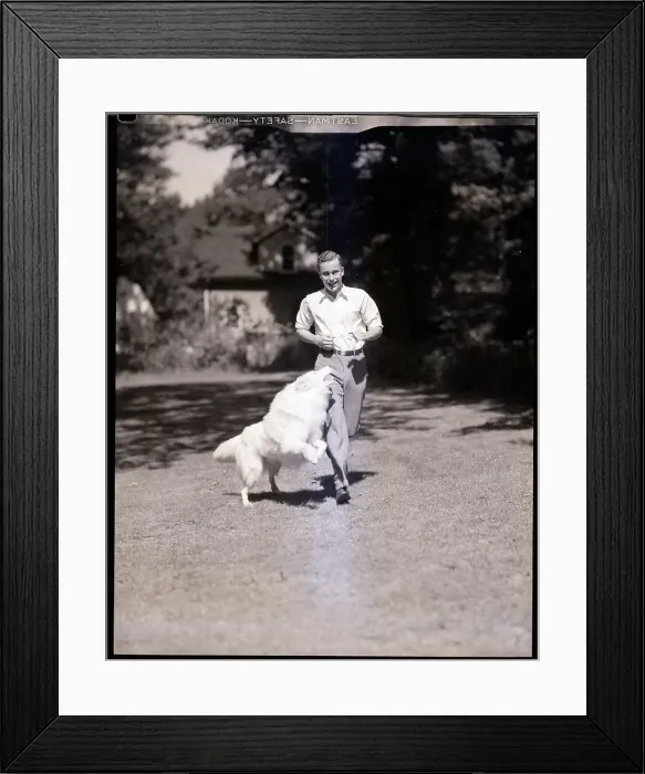 Framed Print : Young Man Running with Collie Framed Print : Young Man Running with Collie