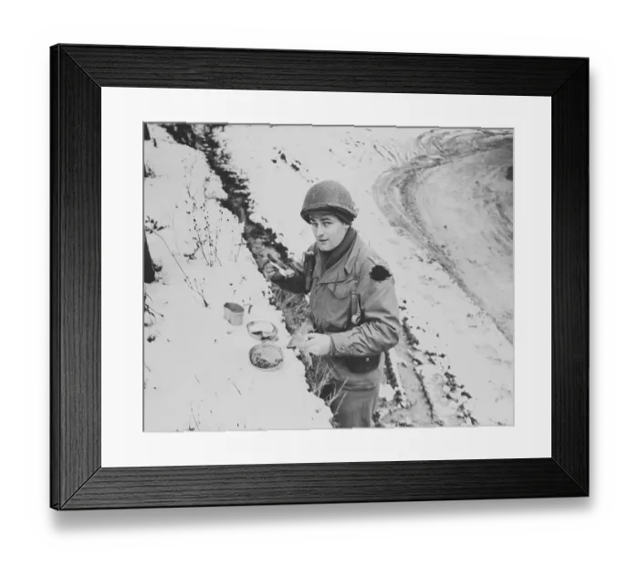 Framed Print : American Soldier Eating Food Along Road in Belgium Framed Print : American Soldier Eating Food Along Road in Belgium