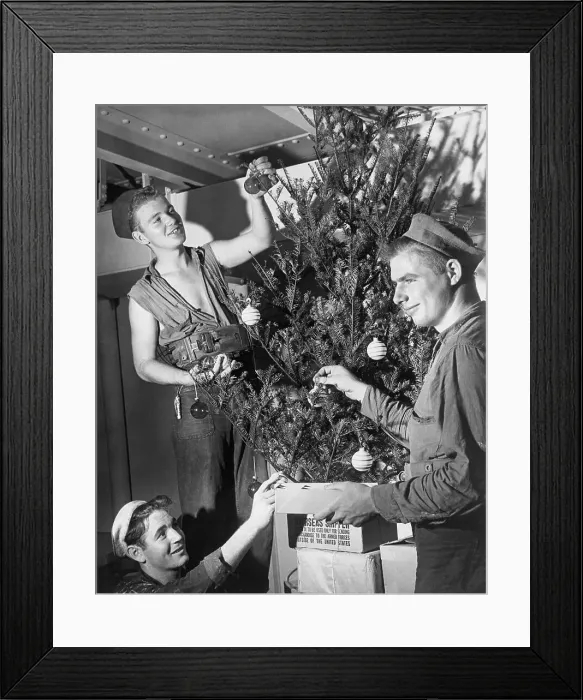 Framed Print : WWII Sailors Trimming Christmas Tree