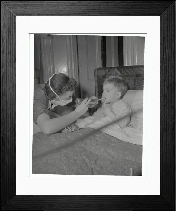 Framed Print : Visiting Nurse Checking Throat of Boy Framed Print : Visiting Nurse Checking Throat of Boy