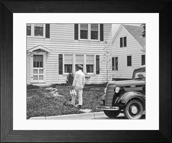 Framed Print : Milkman Delivering Milk to a House Framed Print : Milkman Delivering Milk to a House