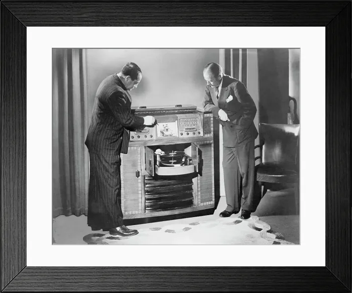 Framed Print : Men Looking at Television and Radio Framed Print : Men Looking at Television and Radio