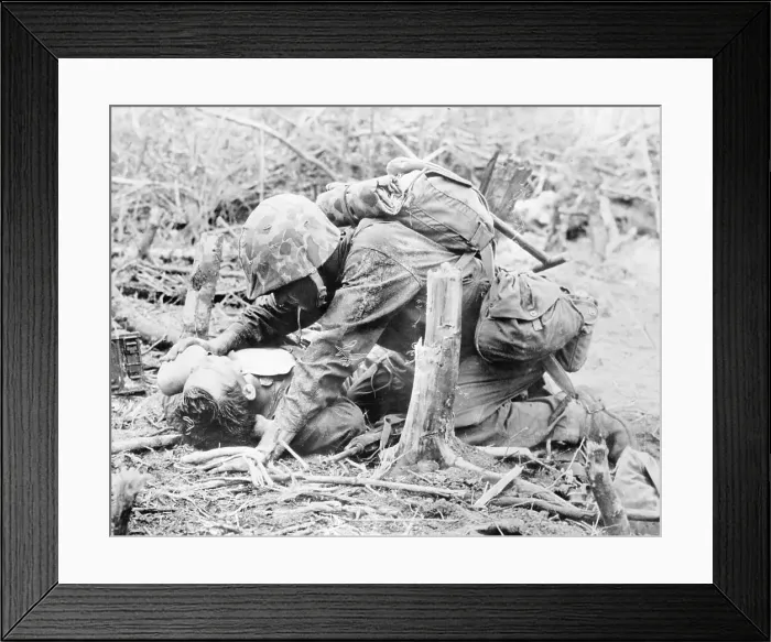 Framed Print : Soldier Providing Fallen Soldier with Water Framed Print : Soldier Providing Fallen Soldier with Water