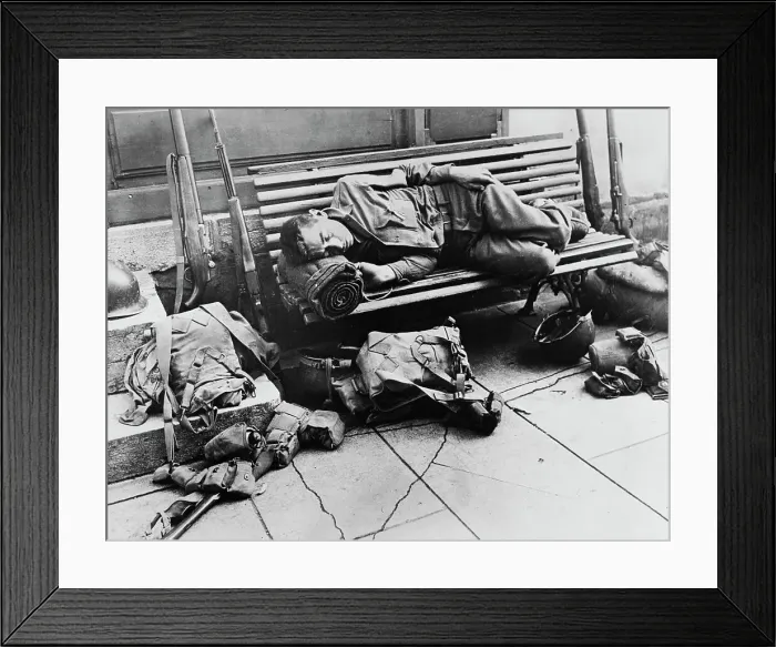 Framed Print : Soldier Sleeping on Bench