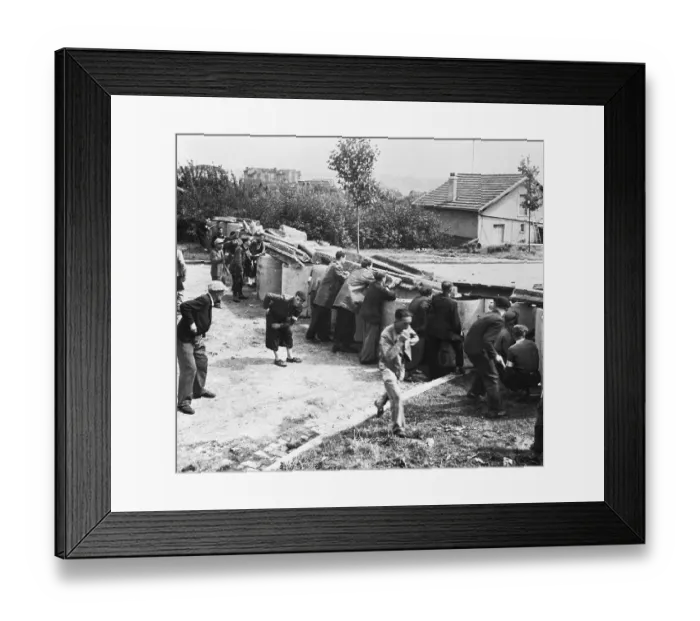 Framed Print : French Forces Behind Defensive Barricade Framed Print : French Forces Behind Defensive Barricade