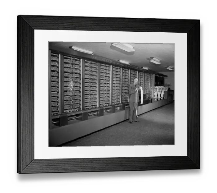 Framed Print : Mathematician Howard Aiken with his Early Computer Framed Print : Mathematician Howard Aiken with his Early Computer