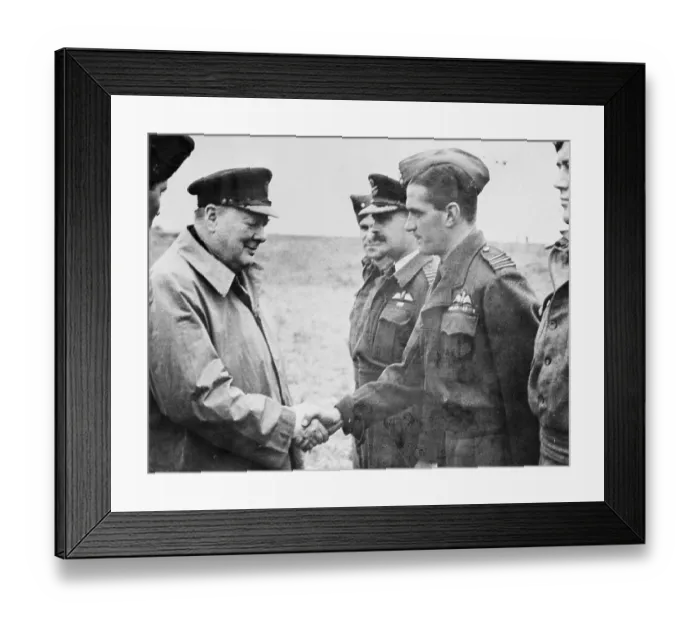 Framed Print : Prime Minister Churchill Greeting Johnny Johnson on Air Base Framed Print : Prime Minister Churchill Greeting Johnny Johnson on Air Base