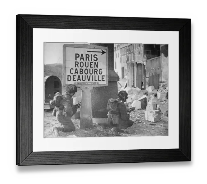 Framed Print : Soldiers Crouching Under Sign Framed Print : Soldiers Crouching Under Sign