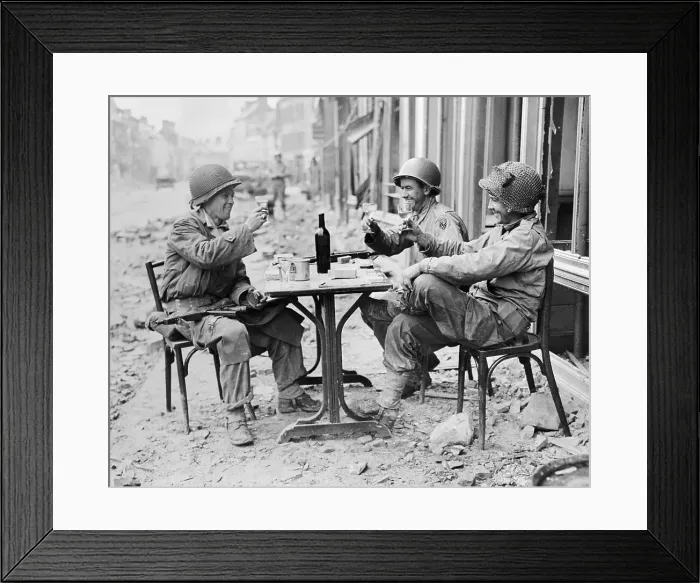 Framed Print : Three US Soldiers Liberate a Bottle of Wine, France 1944 Framed Print : Three US Soldiers Liberate a Bottle of Wine, France 1944