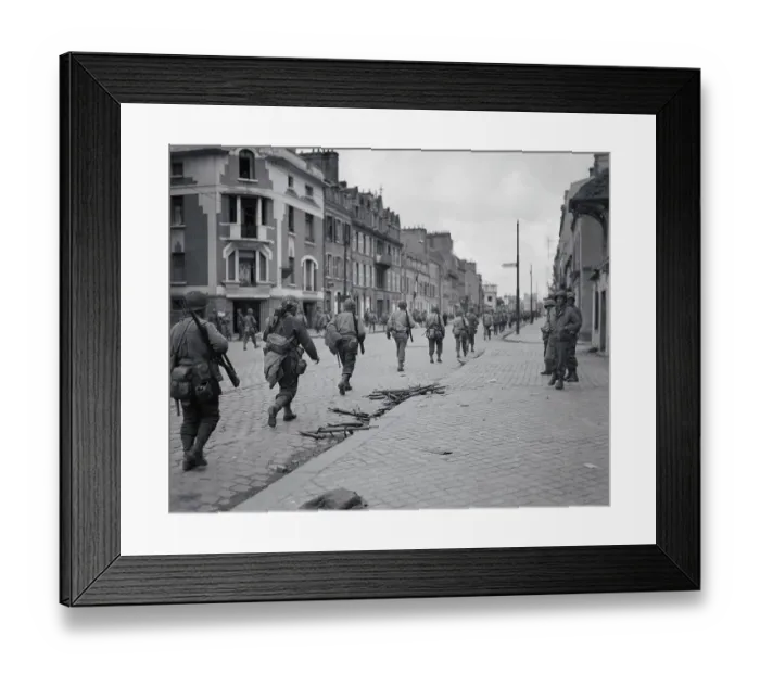 Framed Print : US Soldiers Marching Through Cherbourg Framed Print : US Soldiers Marching Through Cherbourg