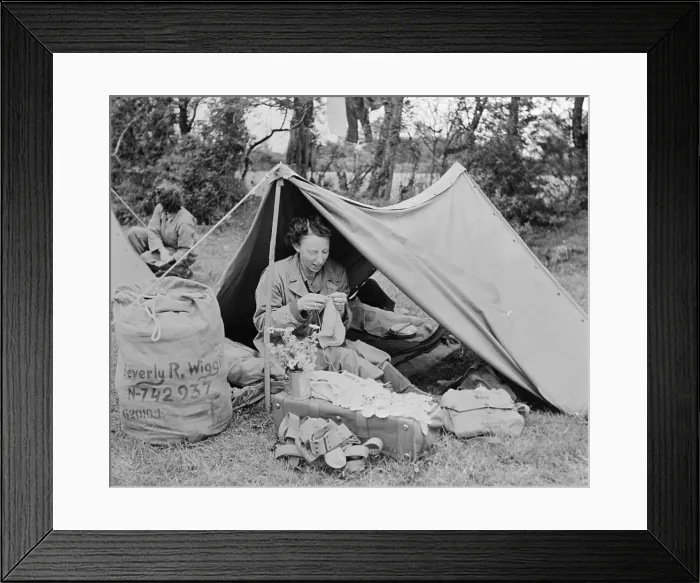 Framed Print : Military Woman Sitting in Tent Framed Print : Military Woman Sitting in Tent