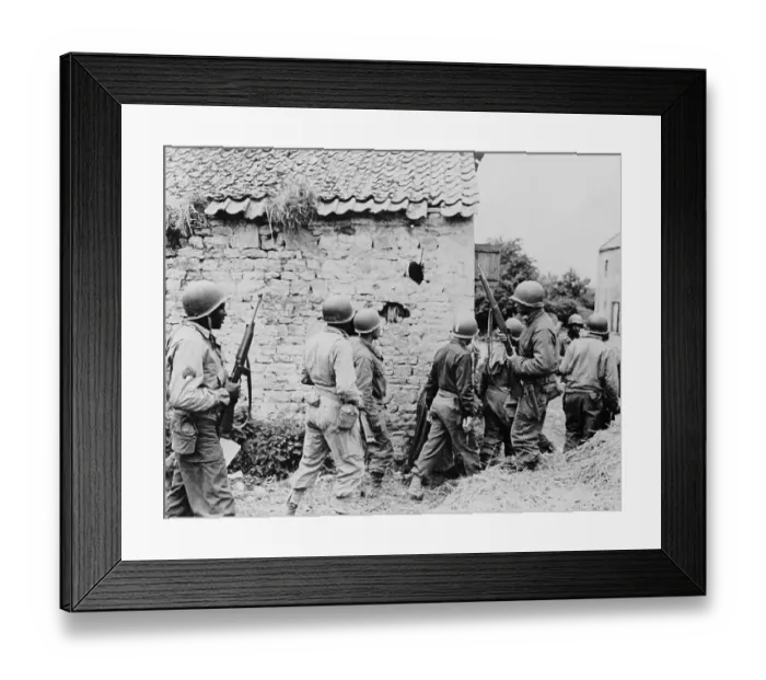 Framed Print : Troops at French House in World War II Framed Print : Troops at French House in World War II