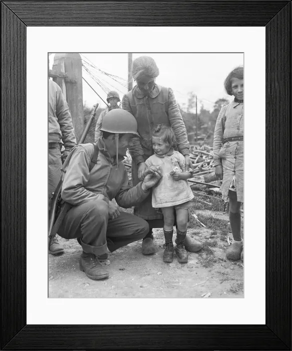 Framed Print : American Soldier Conversing with Small French Girl Traveling Framed Print : American Soldier Conversing with Small French Girl Traveling