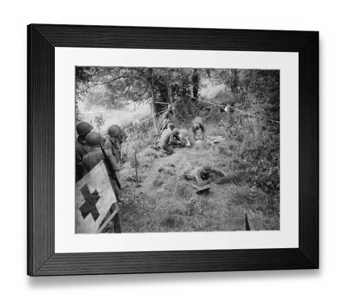 Framed Print : Red Cross and Medic Team with Injured Engineers at Camp