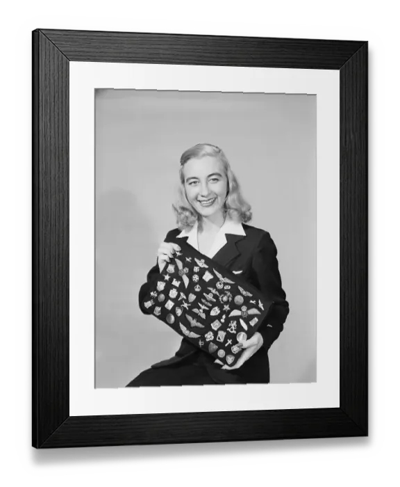 Framed Print : Sterardess With Her Collection Of Pins Framed Print : Sterardess With Her Collection Of Pins