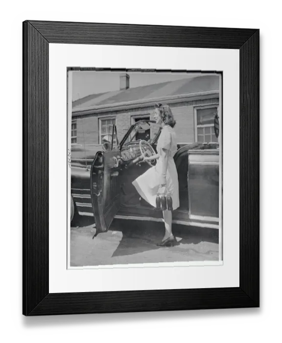 Framed Print : Woman Posing with New Bottle Carrier by Her Car Framed Print : Woman Posing with New Bottle Carrier by Her Car