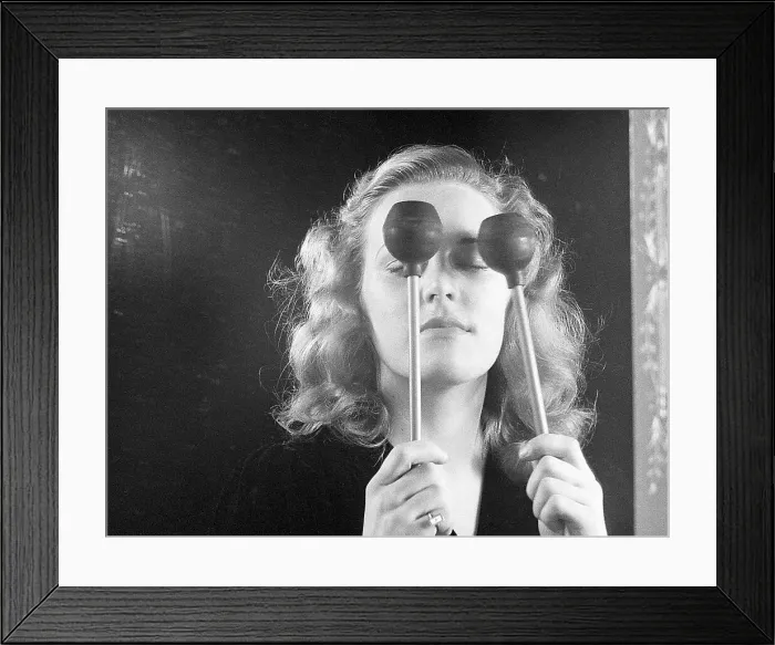 Framed Print : Woman Tapping Eyes with Drumsticks Framed Print : Woman Tapping Eyes with Drumsticks