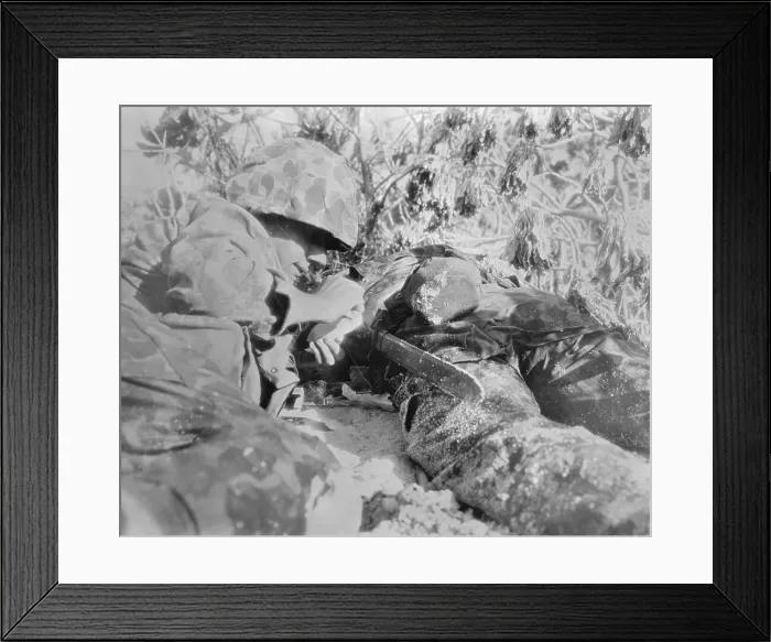 Framed Print : Marine, Head Down, Pours Drug On Wounded Framed Print : Marine, Head Down, Pours Drug On Wounded