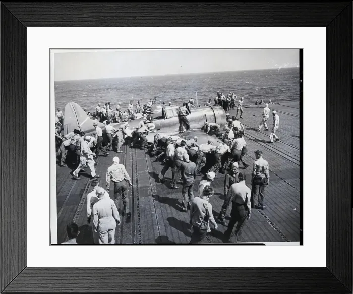 Framed Print : Damaged Dive Bomber on Aircraft Carrier Deck Framed Print : Damaged Dive Bomber on Aircraft Carrier Deck